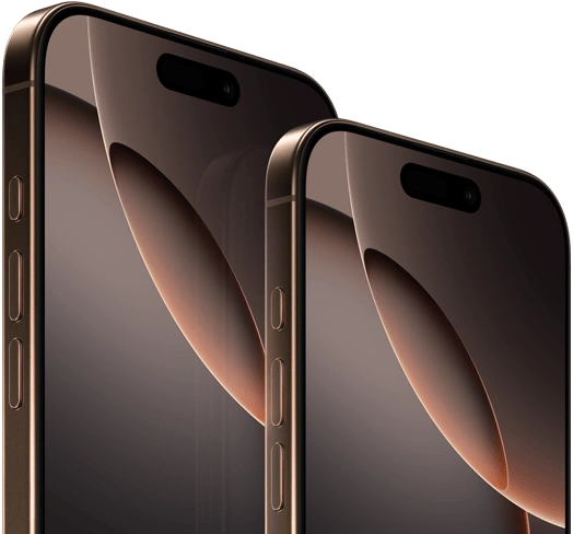 iPhone 16 Pro Max 6,9 cala i iPhone 16 Pro 6,3 cala, widok z przodu, przycisk czynności, przyciski głośności, Dynamic Island pośrodku górnej części ekranu