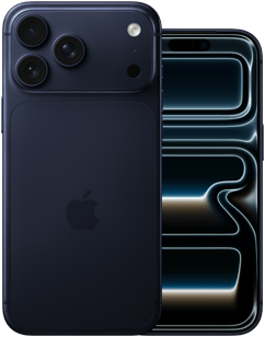 Zestawione obok siebie, iPhone 17 Pro Max, tył obudowy, system Pro aparatów, 3 obiektywy, mikrofon, flesz, wykończenie [B28], iPhone 17 Pro, przód z sięgającym krawędzi wyświetlaczem, wykończenie [B28]